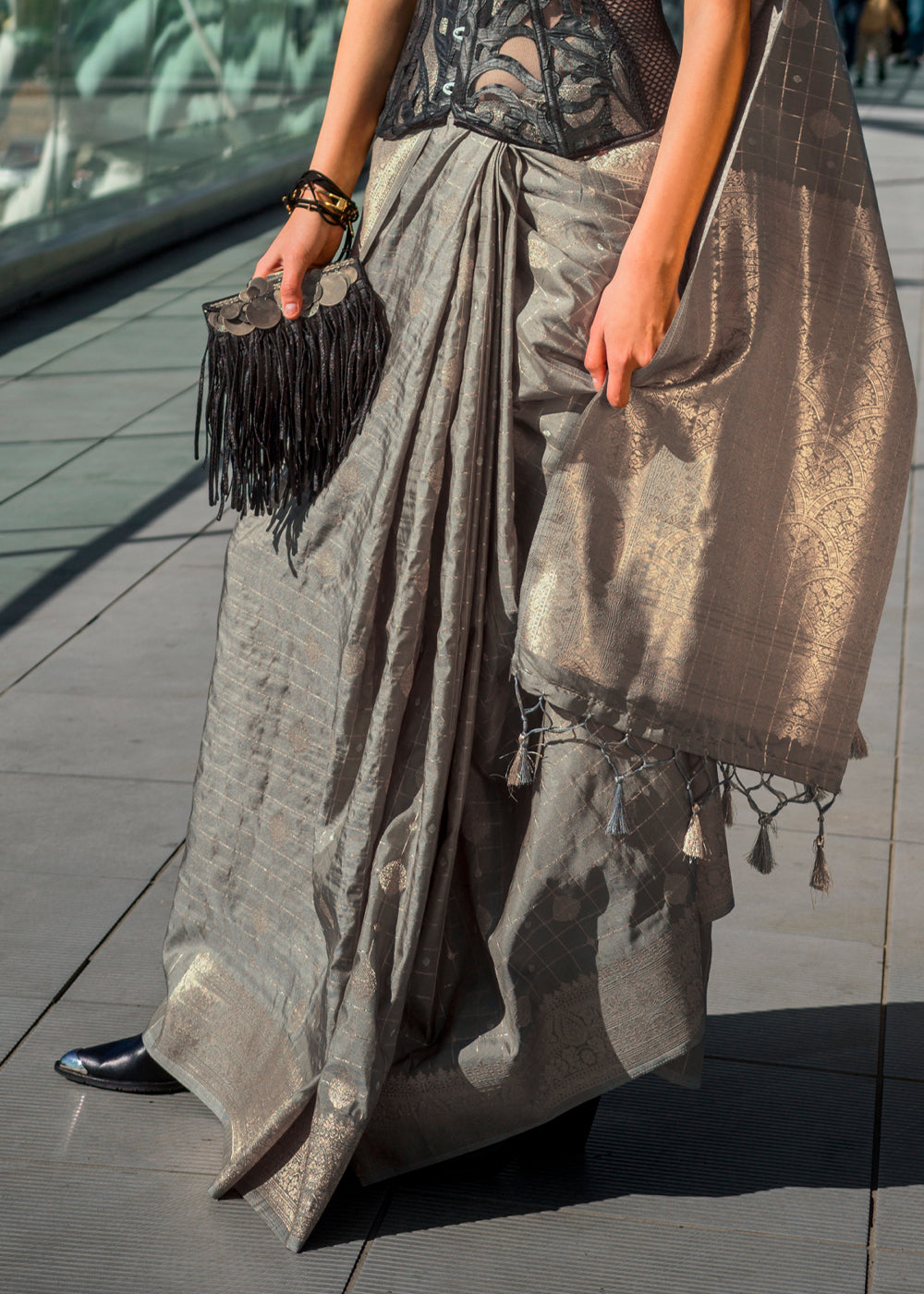 Gray Elegant Banarasi Blended Silk Saree – Handwoven Heritage for Special Occasions ClothsVilla