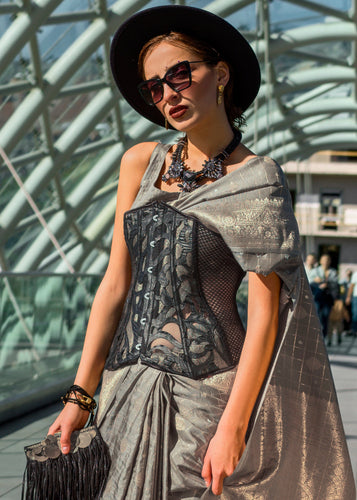 Gray Elegant Banarasi Blended Silk Saree – Handwoven Heritage for Special Occasions ClothsVilla