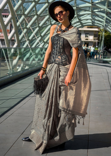 Gray Elegant Banarasi Blended Silk Saree – Handwoven Heritage for Special Occasions ClothsVilla