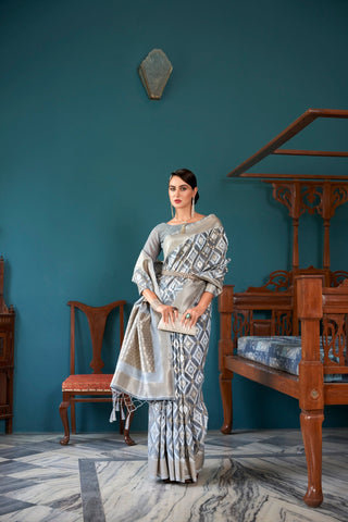 Gray Elegant Banarasi Saree with Geometric Zari Weaving ClothsVilla
