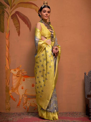 Gray Elegant Banarasi Silk Blend Saree with Unstitched Blouse ClothsVilla