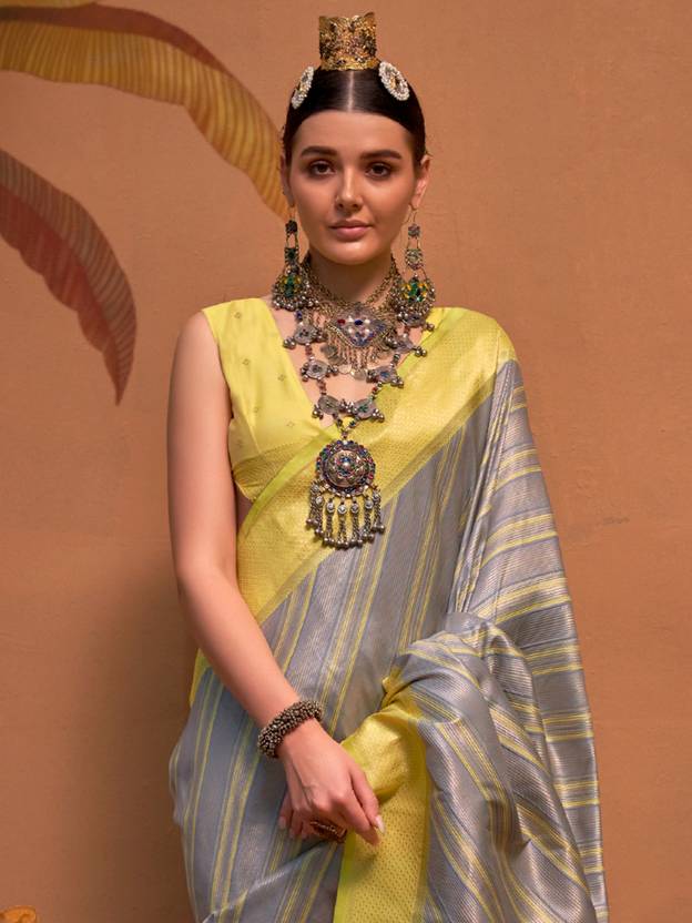 Gray Elegant Banarasi Silk Blend Saree with Unstitched Blouse ClothsVilla