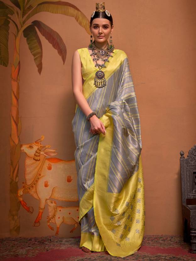 Gray Elegant Banarasi Silk Blend Saree with Unstitched Blouse ClothsVilla