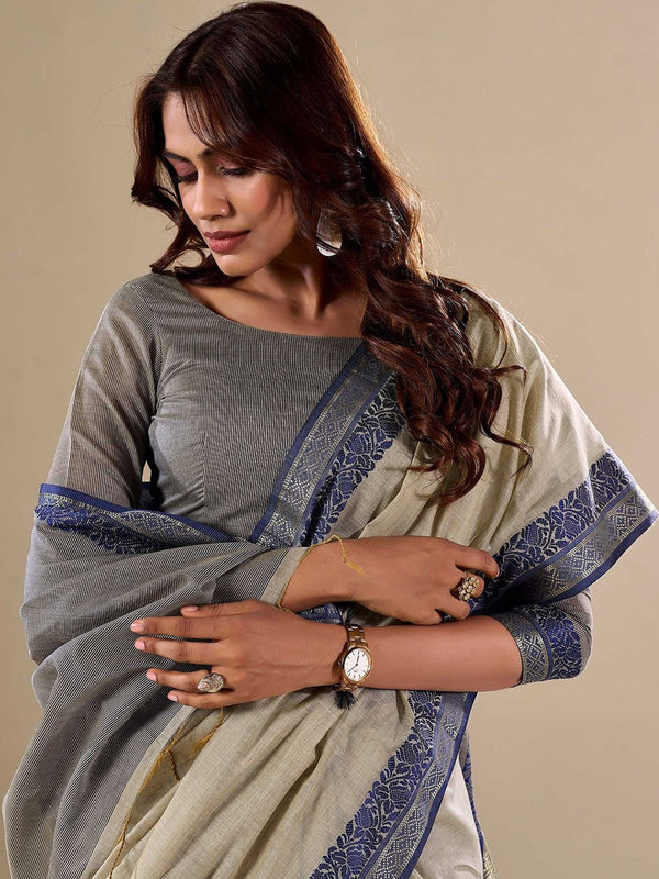 Gray Elegant Banarasi Silk Blend Saree with Zari Woven Border ClothsVilla