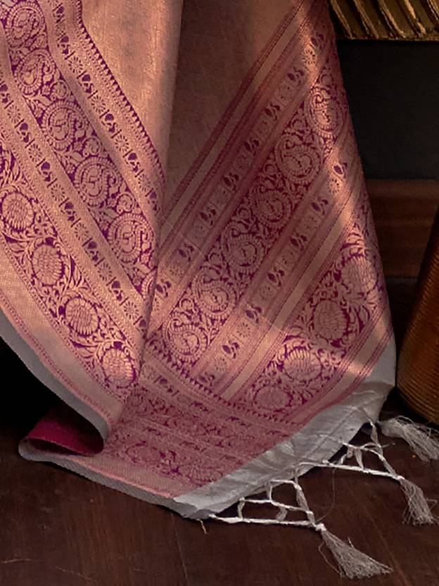 Gray Elegant Banarasi Silk Blend Woven Saree with Tassel Detailing ClothsVilla