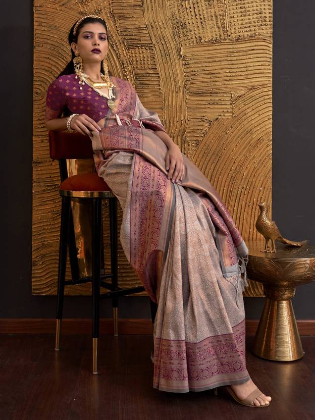 Gray Elegant Banarasi Silk Blend Woven Saree with Tassel Detailing ClothsVilla