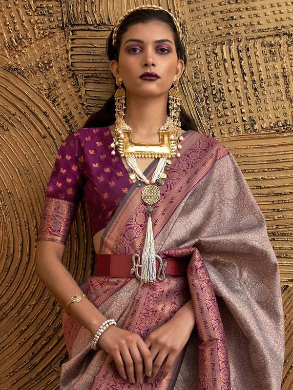 Gray Elegant Banarasi Silk Blend Woven Saree with Tassel Detailing ClothsVilla