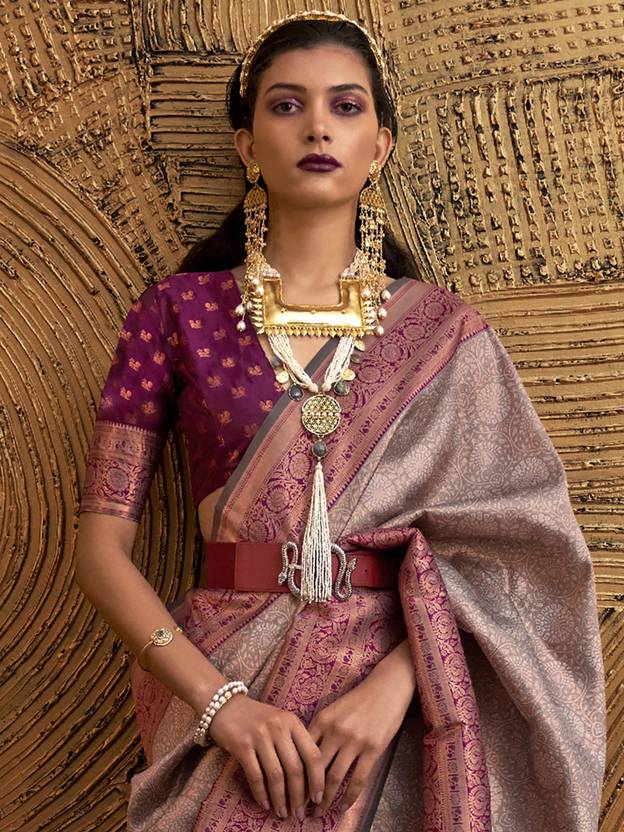 Gray Elegant Banarasi Silk Blend Woven Saree with Tassel Detailing ClothsVilla