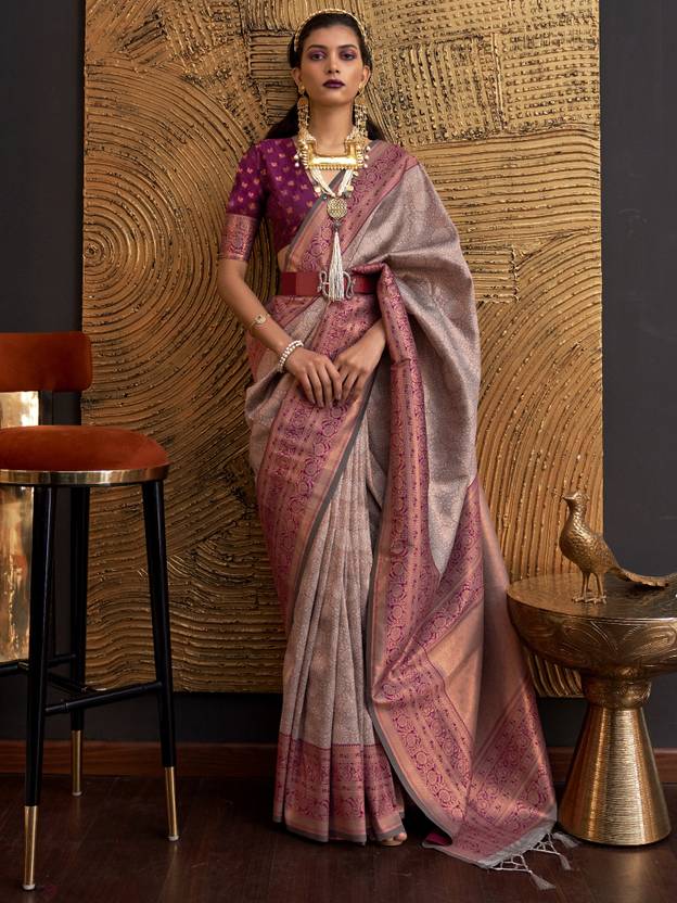 Gray Elegant Banarasi Silk Blend Woven Saree with Tassel Detailing ClothsVilla