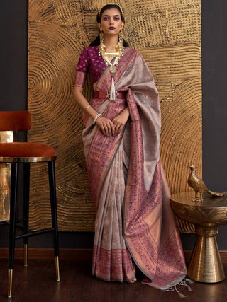 Gray Elegant Banarasi Silk Blend Woven Saree with Tassel Detailing ClothsVilla