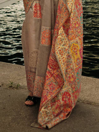 Gray Elegant Banarasi Silk Blend Woven Saree with Unstitched Blouse Piece ClothsVilla