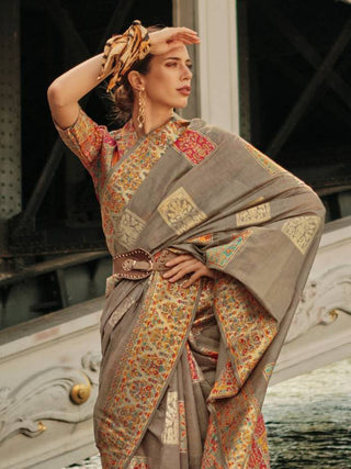 Gray Elegant Banarasi Silk Blend Woven Saree with Unstitched Blouse Piece ClothsVilla