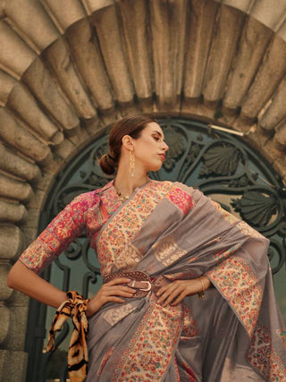 Gray Elegant Banarasi Silk Blend Woven Saree with Unstitched Blouse Piece ClothsVilla