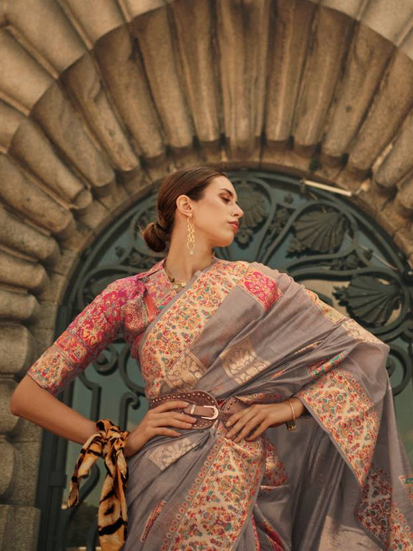Gray Elegant Banarasi Silk Blend Woven Saree with Unstitched Blouse Piece ClothsVilla