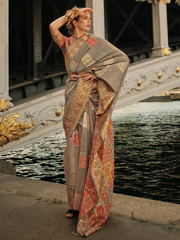 Gray Elegant Banarasi Silk Blend Woven Saree with Unstitched Blouse Piece ClothsVilla