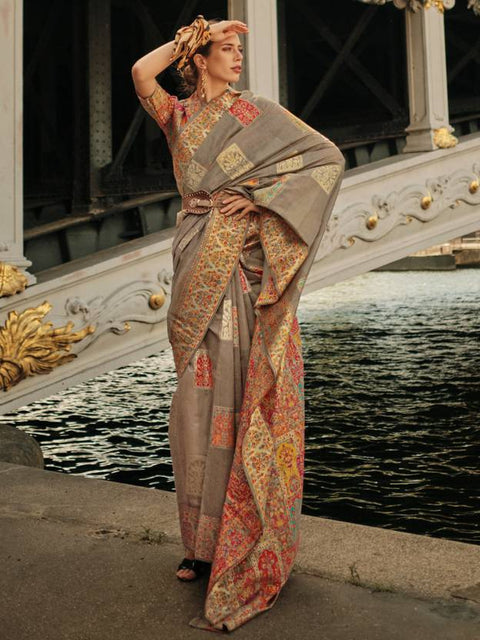 Gray Elegant Banarasi Silk Blend Woven Saree with Unstitched Blouse Piece ClothsVilla Main image