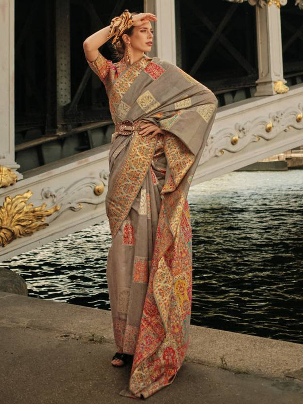 Gray Elegant Banarasi Silk Blend Woven Saree with Unstitched Blouse Piece ClothsVilla