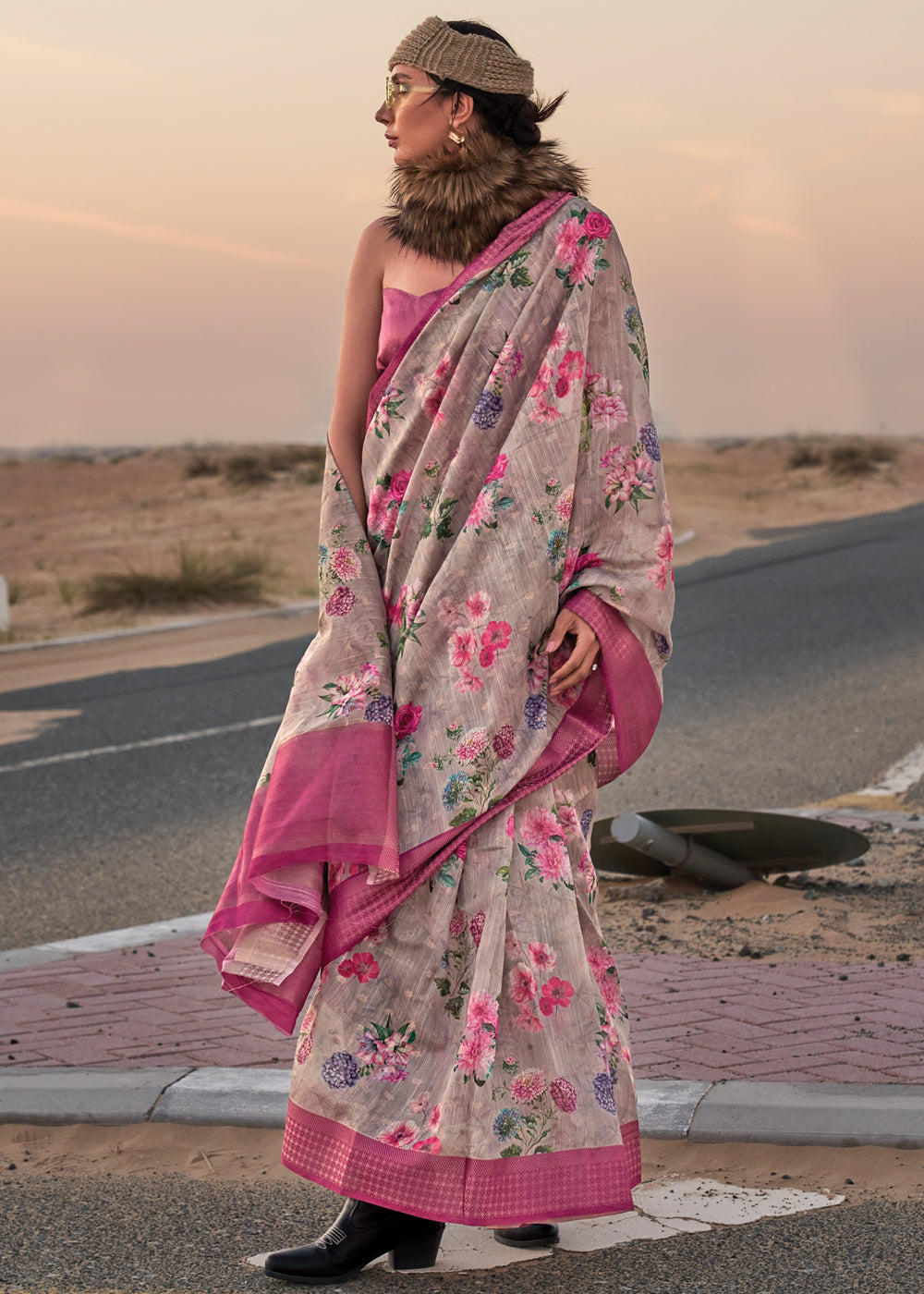 Gray Elegant Blended Linen Silk Saree – Breathable & Stylish for All Seasons Secondary image