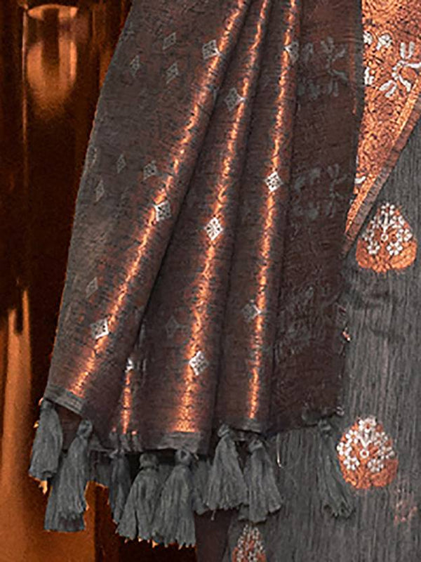 Gray Elegant Bollywood Cotton Silk Saree with Tassel Detailing ClothsVilla