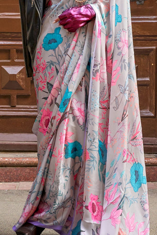Gray Elegant Bollywood Satin Printed Saree – Party & Festive Wear ClothsVilla