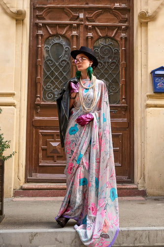 Gray Elegant Bollywood Satin Printed Saree – Party & Festive Wear ClothsVilla