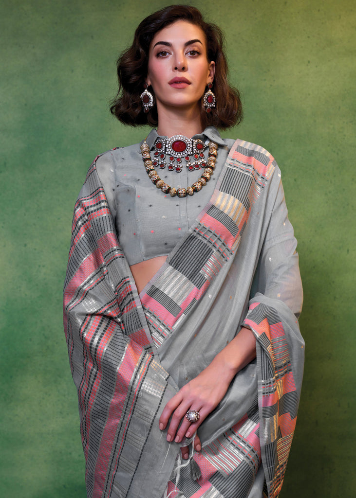 Gray Elegant Cotton Silk Blended Saree – Graceful & Lustrous Drape ClothsVilla