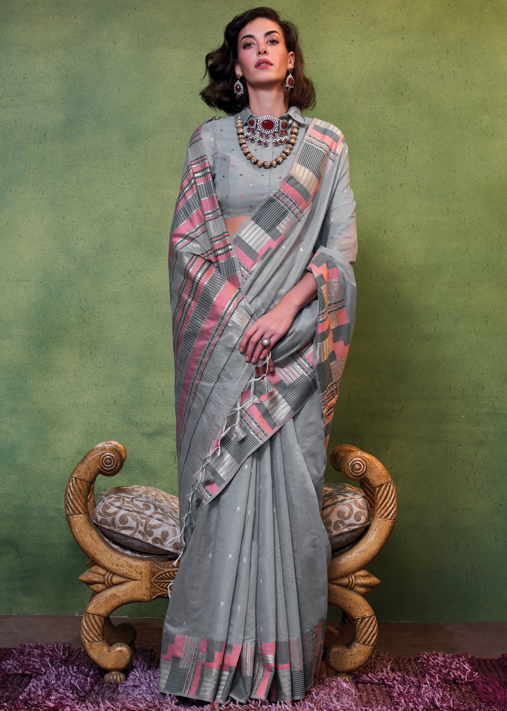 Gray Elegant Cotton Silk Blended Saree – Graceful & Lustrous Drape ClothsVilla Main image