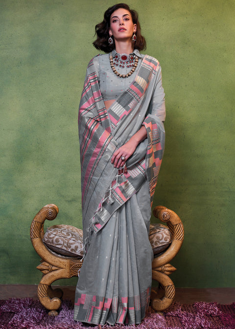 Gray Elegant Cotton Silk Blended Saree – Graceful & Lustrous Drape ClothsVilla Main image