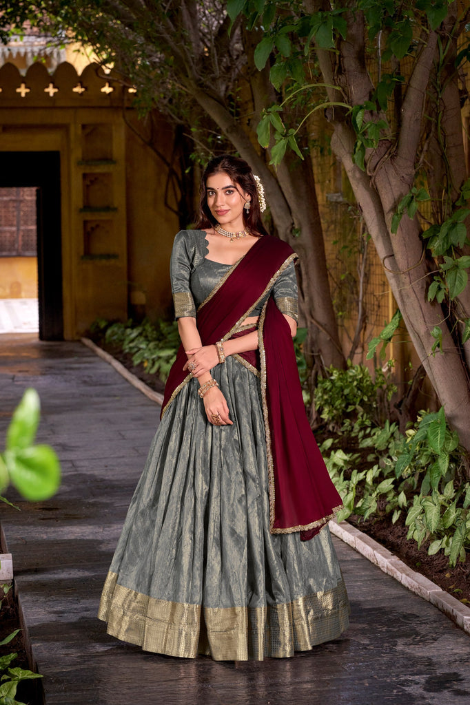 Gray Elegant Dupion Silk Stitched Lehenga with Zari Weaving Work, Unstitched Blouse & Zari Shimmer Dupatta ClothsVilla