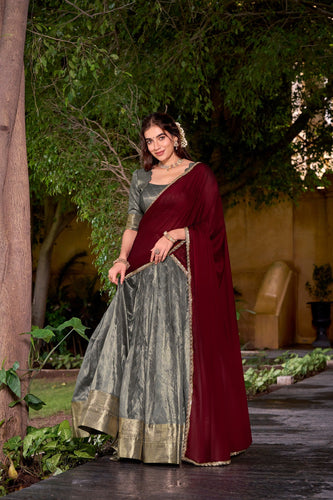 Gray Elegant Dupion Silk Stitched Lehenga with Zari Weaving Work, Unstitched Blouse & Zari Shimmer Dupatta ClothsVilla
