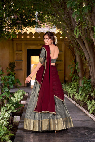 Gray Elegant Dupion Silk Stitched Lehenga with Zari Weaving Work, Unstitched Blouse & Zari Shimmer Dupatta ClothsVilla
