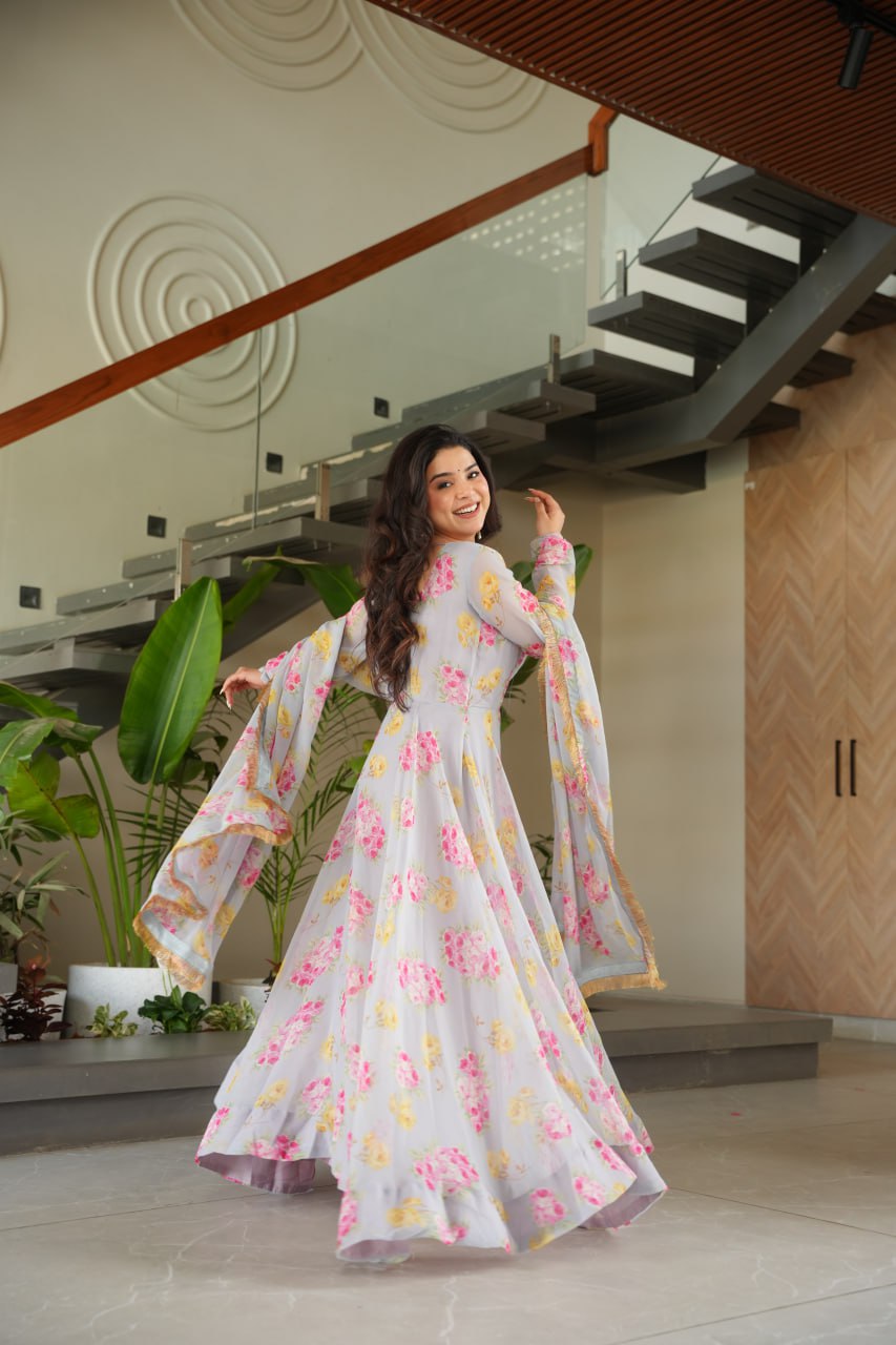 Gray Elegant Faux Georgette Digital Print Gown Set with Dupatta Clothsvilla