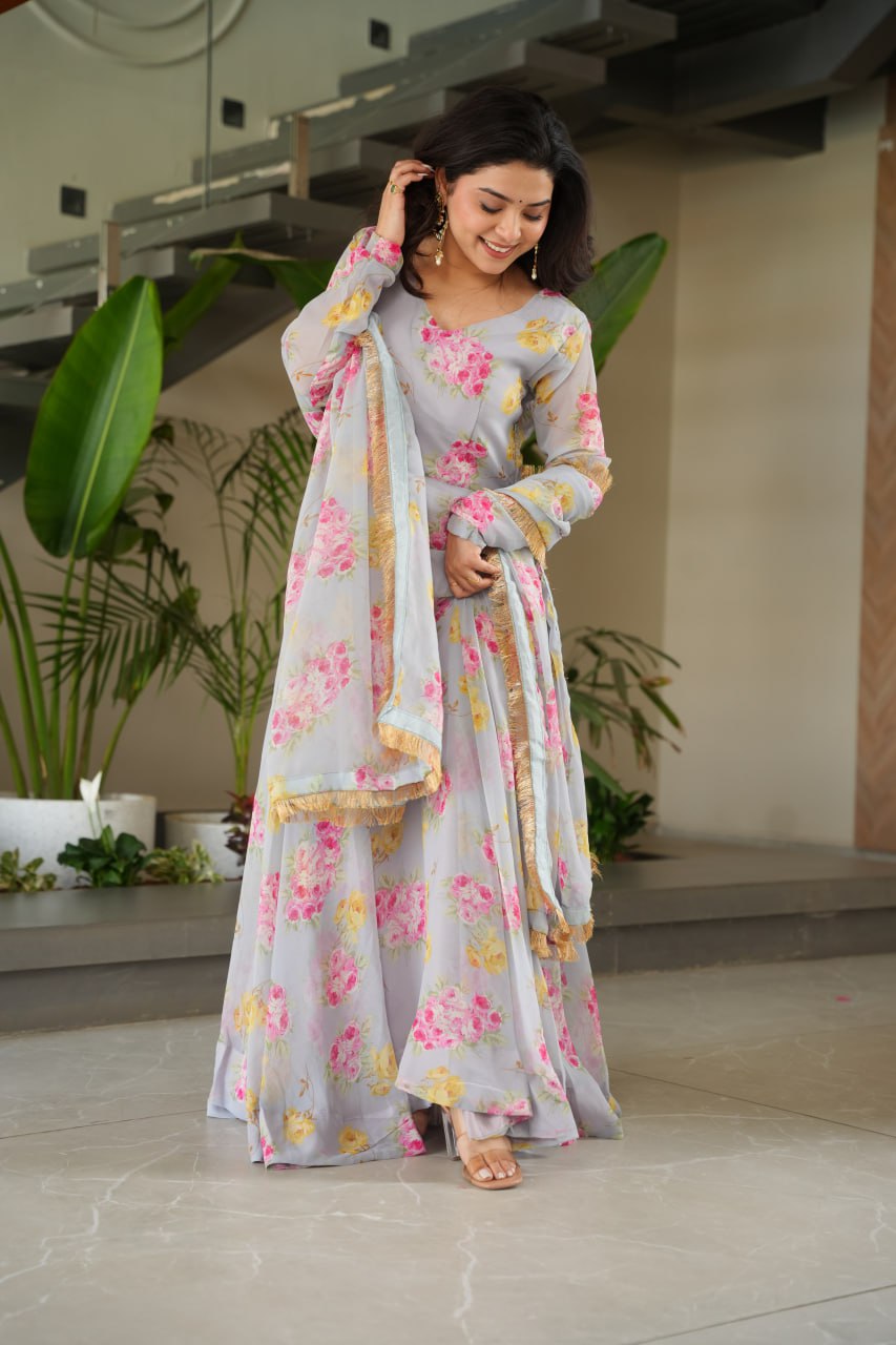 Gray Elegant Faux Georgette Digital Print Gown Set with Dupatta Clothsvilla