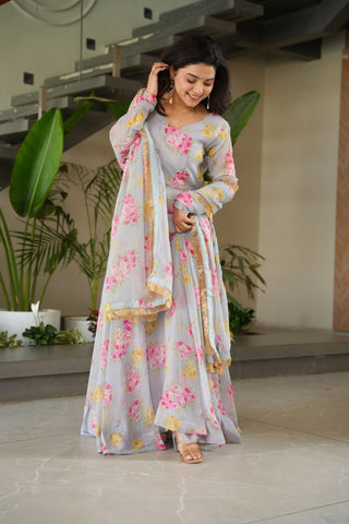 Gray Elegant Faux Georgette Digital Print Gown Set with Dupatta Clothsvilla