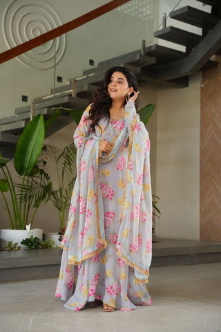 Gray Elegant Faux Georgette Digital Print Gown Set with Dupatta Clothsvilla