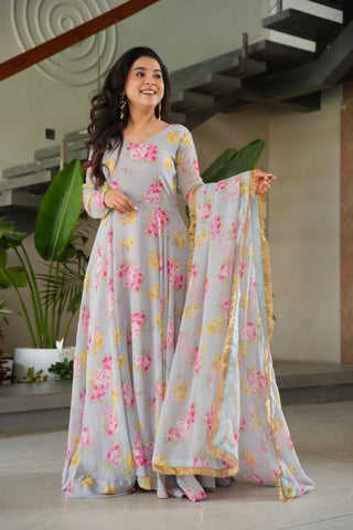 Gray Elegant Faux Georgette Digital Print Gown Set with Dupatta Clothsvilla