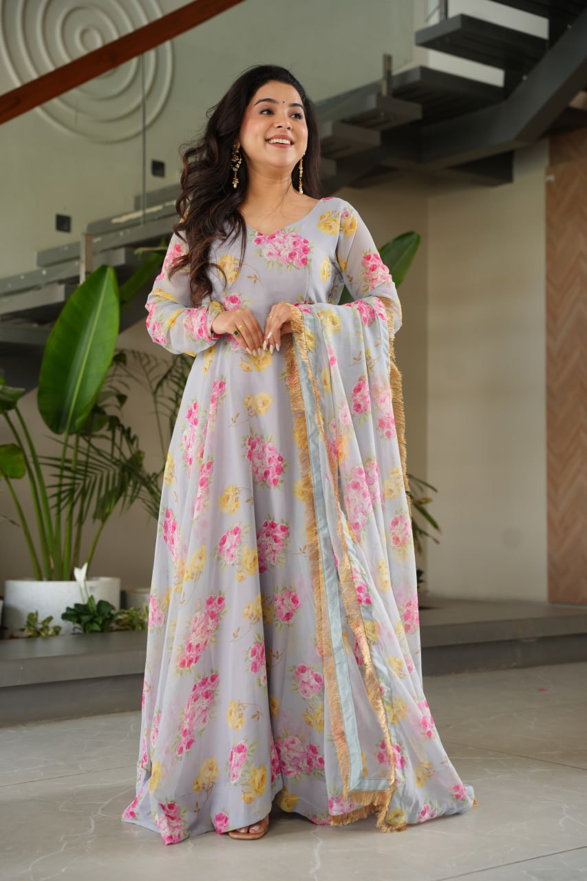 Gray Elegant Faux Georgette Digital Print Gown Set with Dupatta Clothsvilla