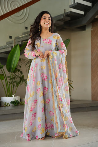 Gray Elegant Faux Georgette Digital Print Gown Set with Dupatta Clothsvilla