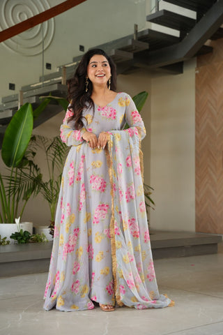 Gray Elegant Faux Georgette Digital Print Gown Set with Dupatta Clothsvilla