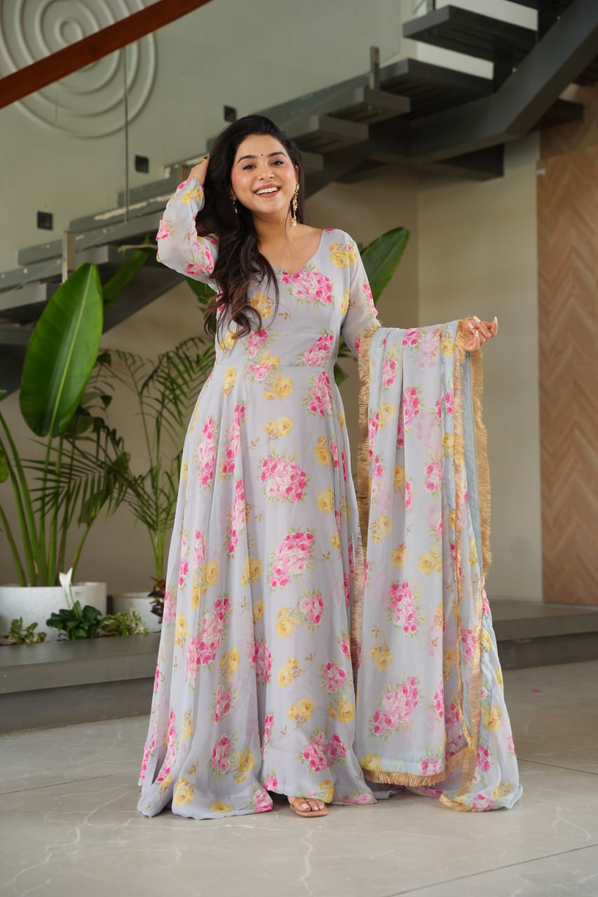 Gray Elegant Faux Georgette Digital Print Gown Set with Dupatta Clothsvilla