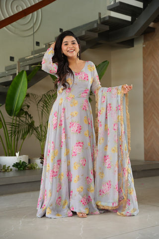 Gray Elegant Faux Georgette Digital Print Gown Set with Dupatta Clothsvilla