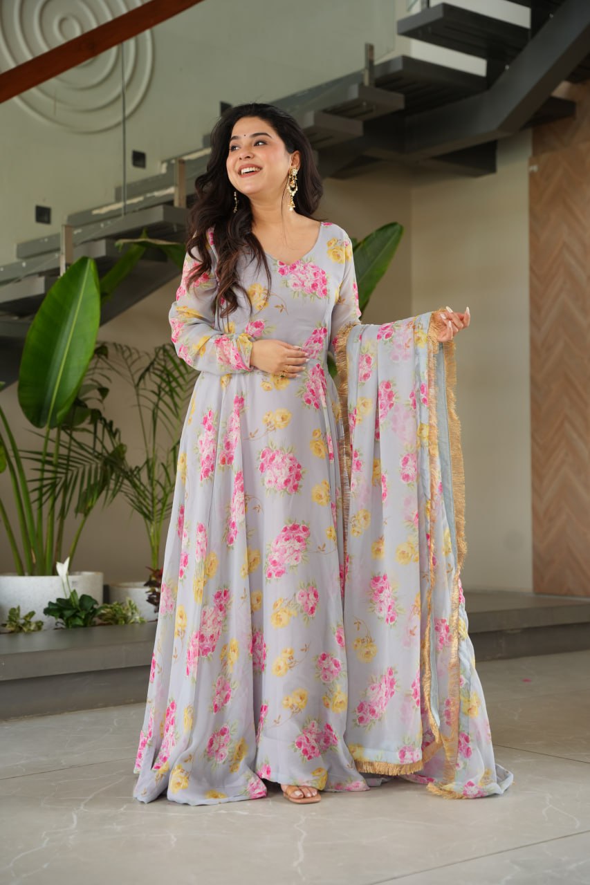 Gray Elegant Faux Georgette Digital Print Gown Set with Dupatta Clothsvilla