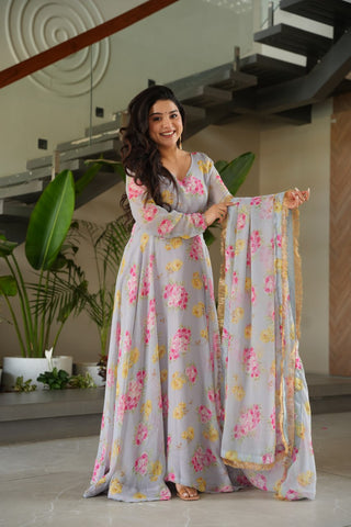 Gray Elegant Faux Georgette Digital Print Gown Set with Dupatta Clothsvilla