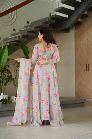 Gray Elegant Faux Georgette Digital Print Gown Set with Dupatta Clothsvilla
