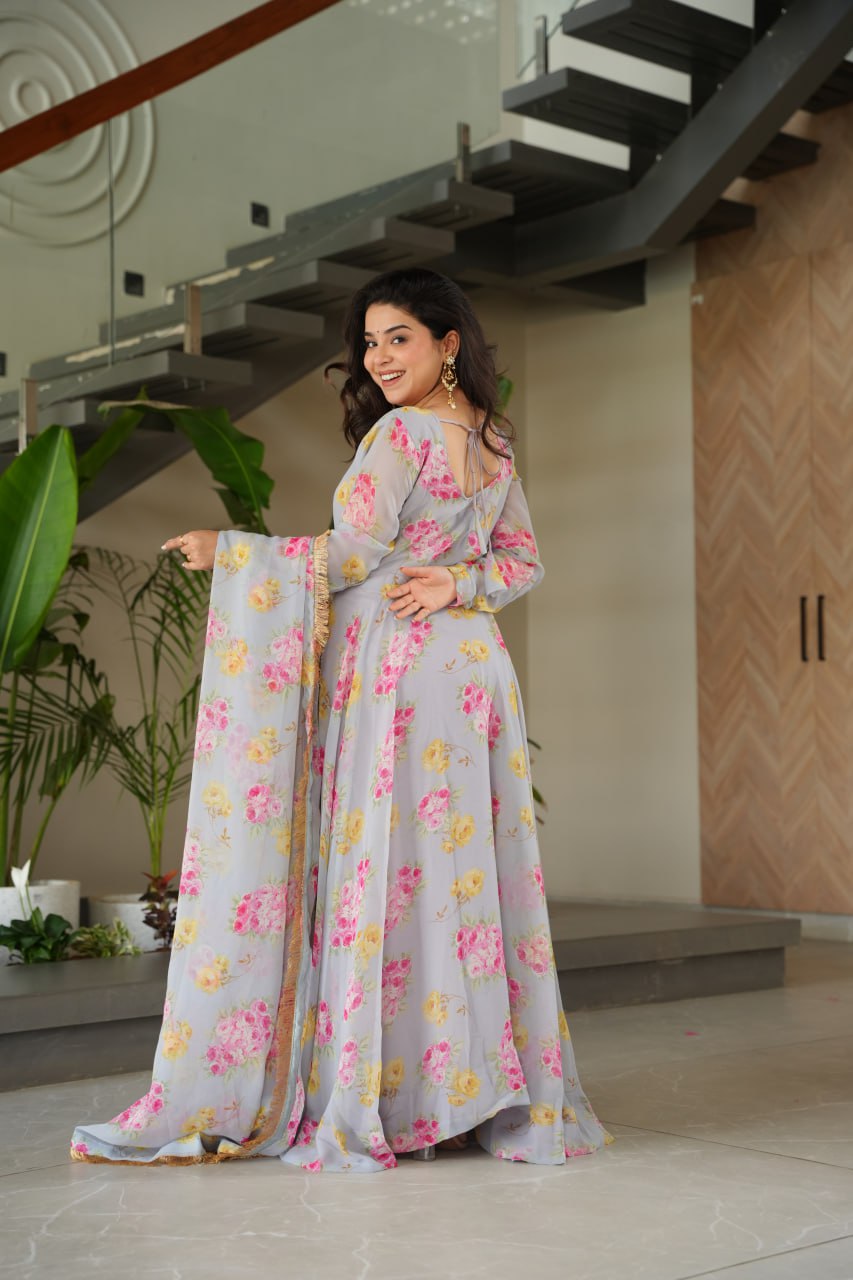 Gray Elegant Faux Georgette Digital Print Gown Set with Dupatta Clothsvilla