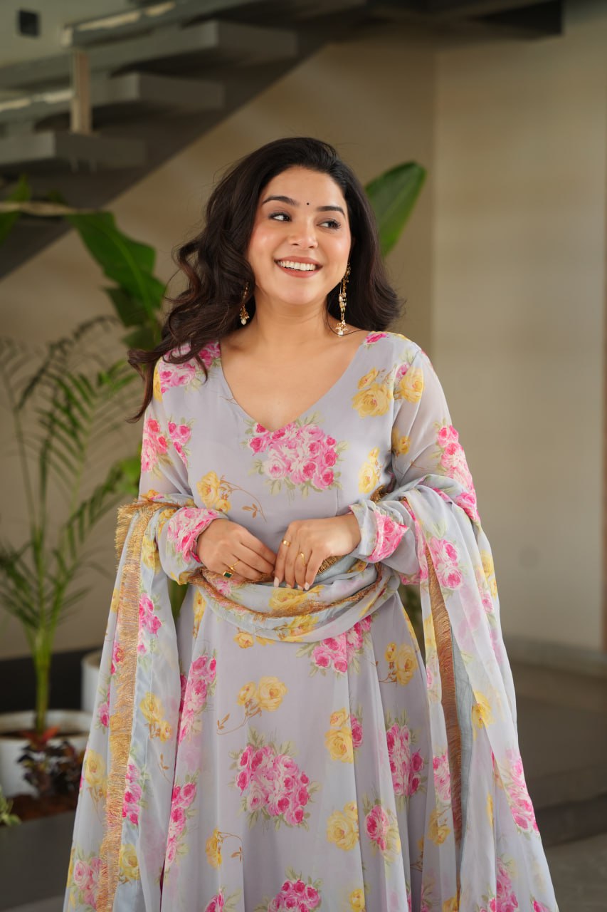 Gray Elegant Faux Georgette Digital Print Gown Set with Dupatta Clothsvilla