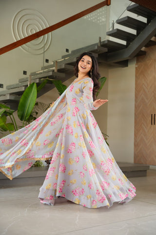 Gray Elegant Faux Georgette Digital Print Gown Set with Dupatta Clothsvilla