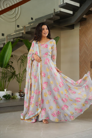 Gray Elegant Faux Georgette Digital Print Gown Set with Dupatta Clothsvilla