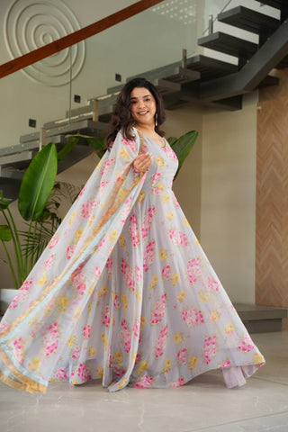 Gray Elegant Faux Georgette Digital Print Gown Set with Dupatta Clothsvilla