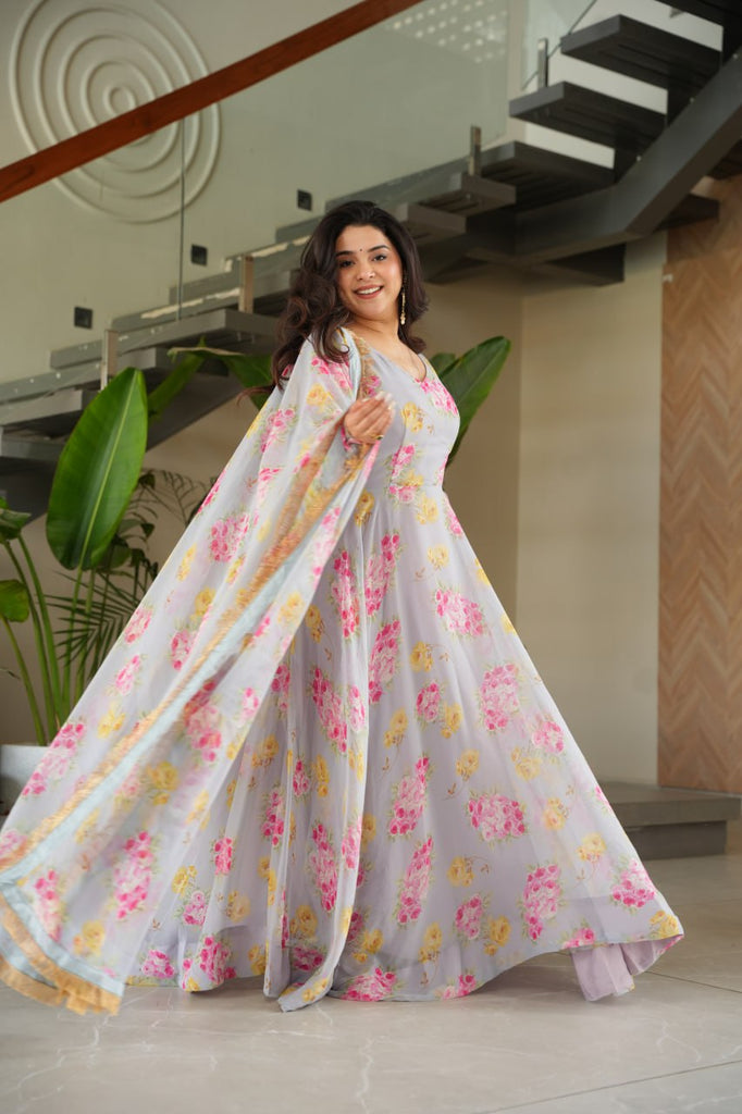 Gray Elegant Faux Georgette Digital Print Gown Set with Dupatta Clothsvilla
